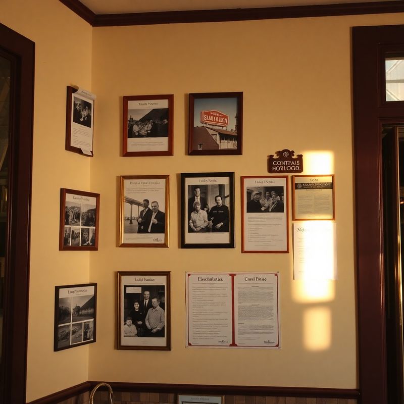 History wall with framed photos and community notices in the Vaughn Group space