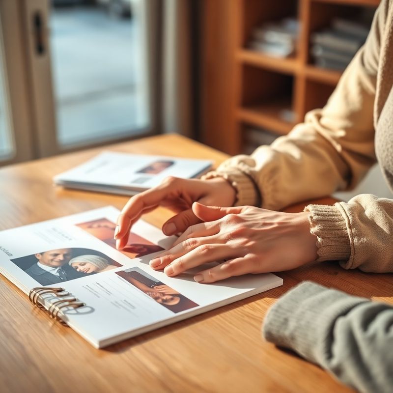 Close-up of hands on a consultation desk with a brochure and notepad